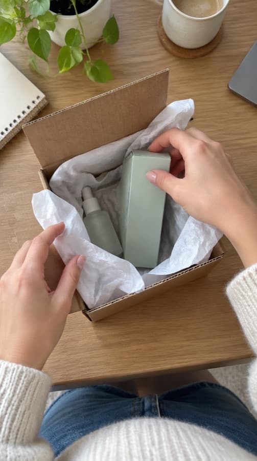لقطة من فيديو تيك توك: مؤثرة تفتح طرد المنتج على طاولة